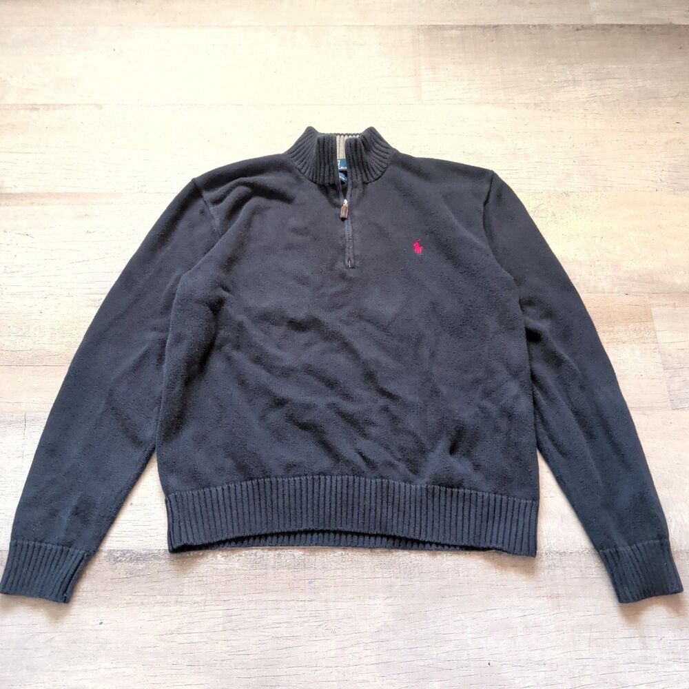 vintage Polo Ralph Lauren sz L black cotton 1/4 zip front sweater